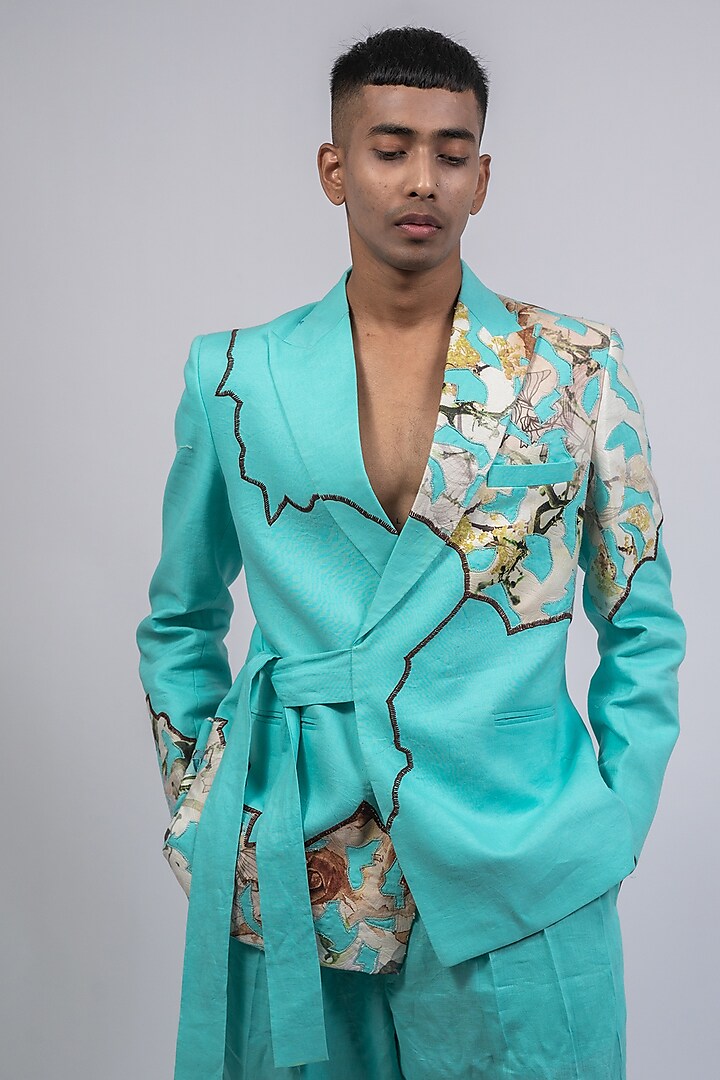 Seafoam Green Linen Printed & Embroidered Jacket by CHANDRESH NATHANI