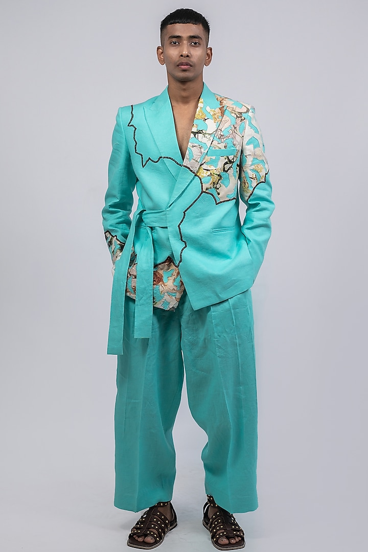 Seafoam Green Linen Printed & Embroidered Co-Ord Set by CHANDRESH NATHANI