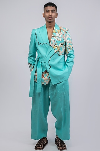 Seafoam Green Linen Printed & Embroidered Co-Ord Set by CHANDRESH NATHANI