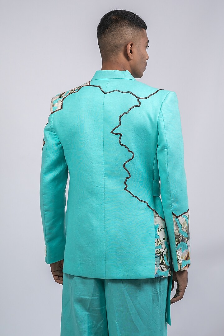 Seafoam Green Linen Printed & Embroidered Co-Ord Set by CHANDRESH NATHANI at Pernia's Pop Up Shop