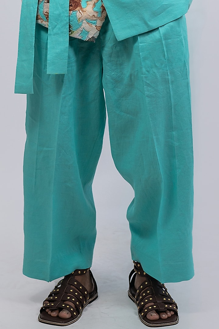 Seafoam Green Linen Printed & Embroidered Co-Ord Set by CHANDRESH NATHANI at Pernia's Pop Up Shop