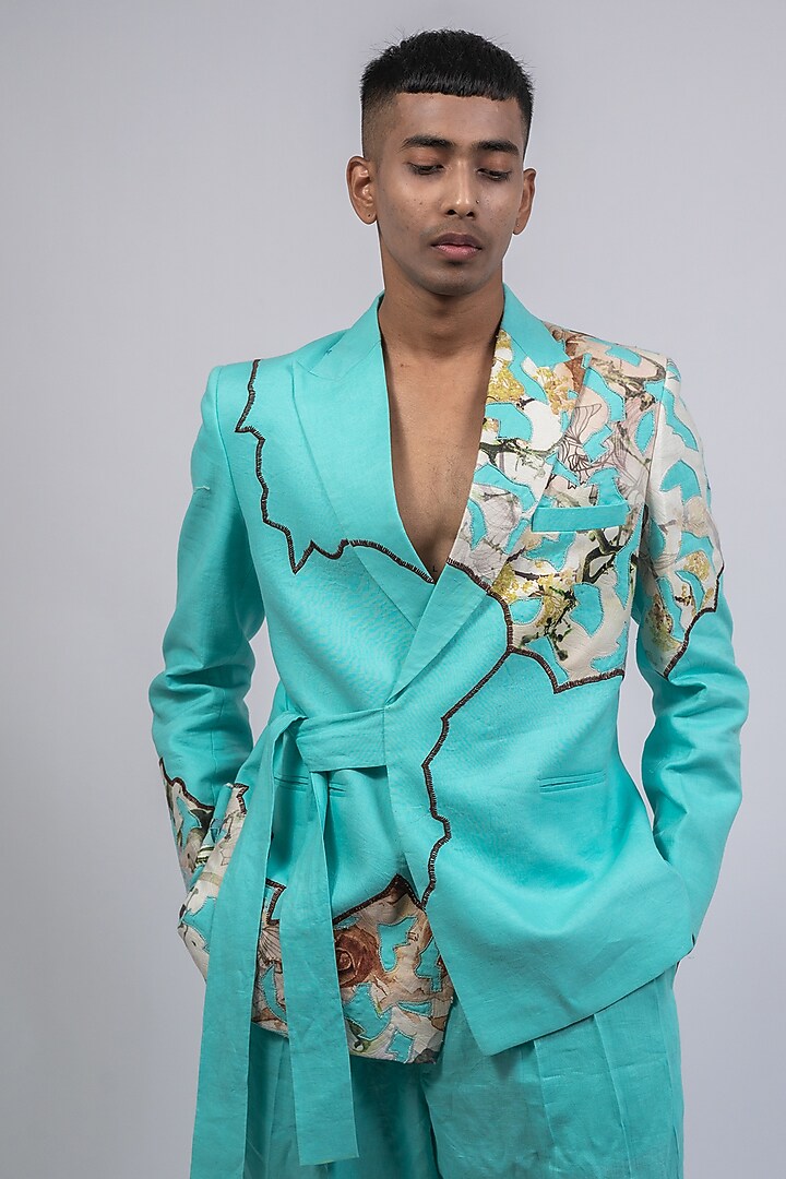 Seafoam Green Linen Printed & Embroidered Co-Ord Set by CHANDRESH NATHANI at Pernia's Pop Up Shop