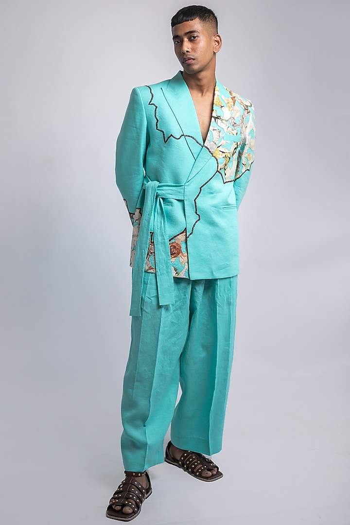 Seafoam Green Linen Printed & Embroidered Co-Ord Set by CHANDRESH NATHANI at Pernia's Pop Up Shop