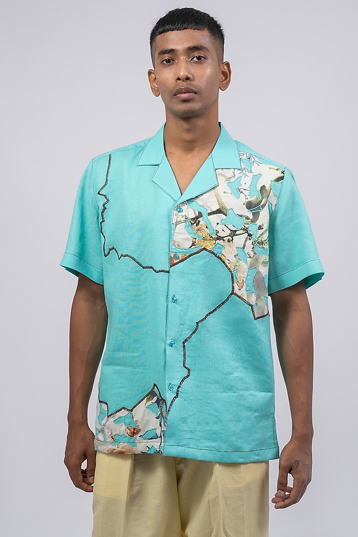 Seafoam Green Linen Printed & Embroidered Shirt by CHANDRESH NATHANI