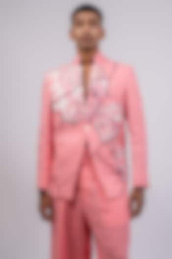 Pink Linen Printed & Embroidered Bandhgala Jacket by CHANDRESH NATHANI