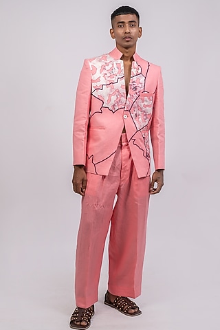 Pink Linen Printed & Embroidered Bandhgala Set by CHANDRESH NATHANI