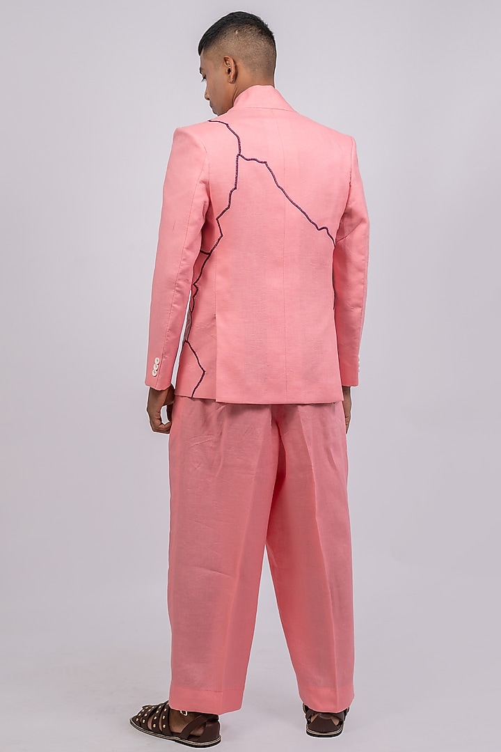 Pink Linen Printed & Embroidered Wedding Bandhgala Set by CHANDRESH NATHANI at Pernia's Pop Up Shop