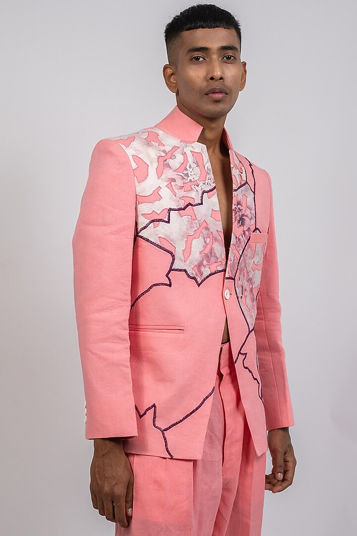 Pink Linen Printed & Embroidered Wedding Bandhgala Set by CHANDRESH NATHANI at Pernia's Pop Up Shop