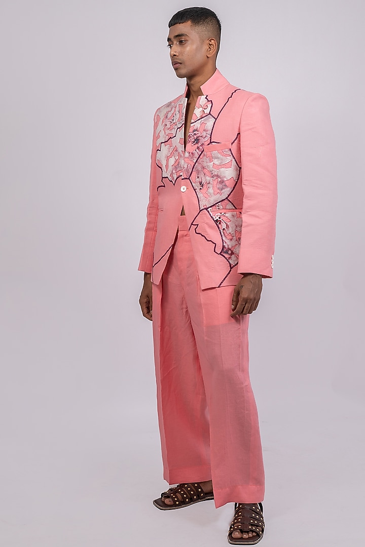 Pink Linen Printed & Embroidered Wedding Bandhgala Set by CHANDRESH NATHANI at Pernia's Pop Up Shop