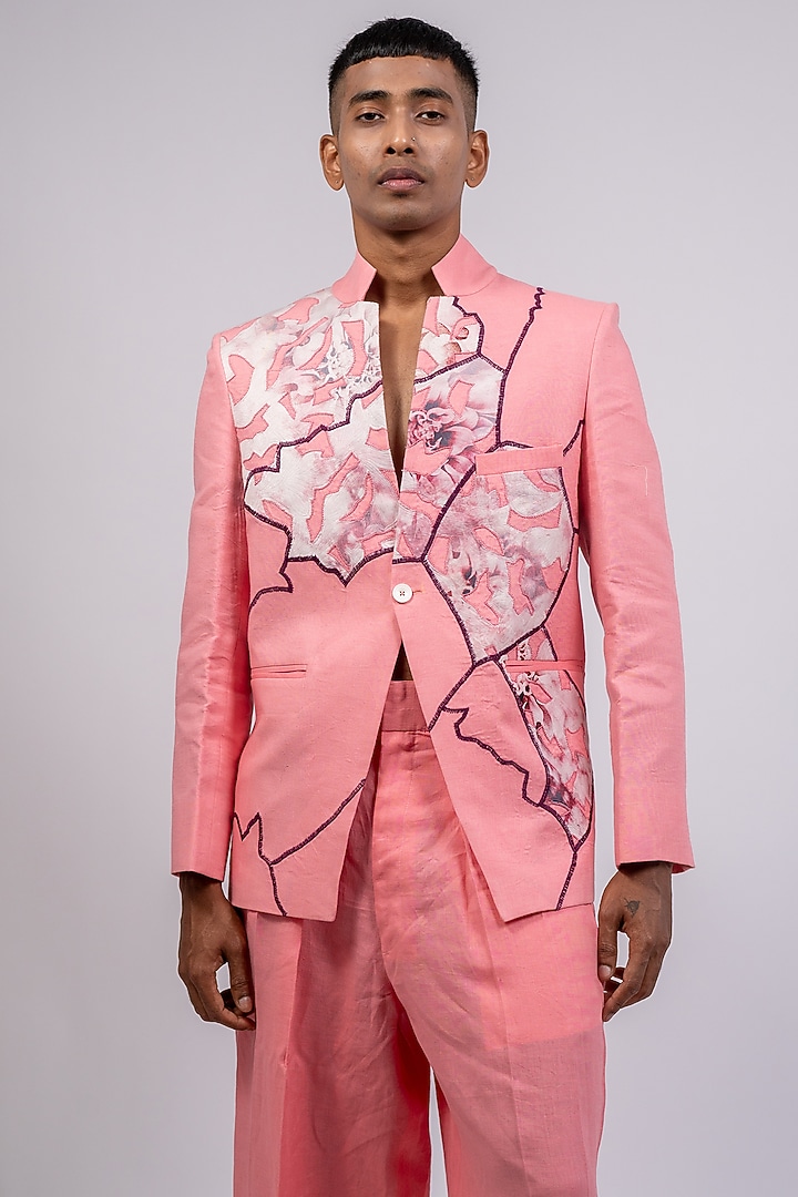 Pink Linen Printed & Embroidered Wedding Bandhgala Set by CHANDRESH NATHANI at Pernia's Pop Up Shop
