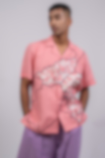 Pink Linen Printed & Embroidered Shirt by CHANDRESH NATHANI