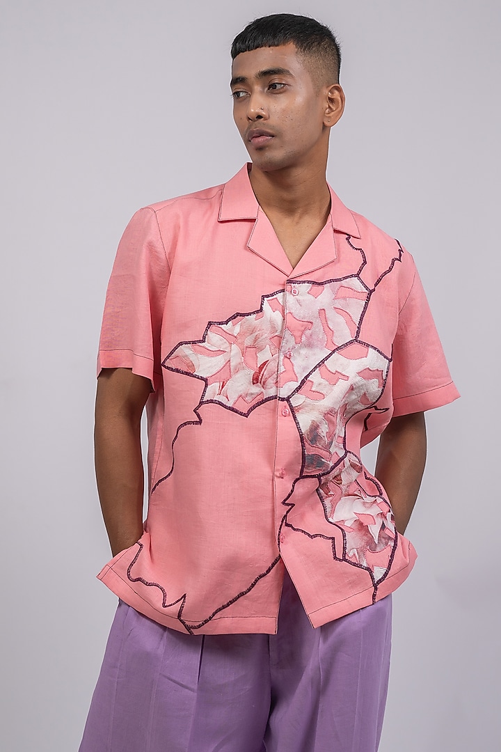 Pink Linen Printed & Embroidered Shirt by CHANDRESH NATHANI