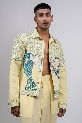 Pastel Yellow Linen Printed & Embroidered Jacket by CHANDRESH NATHANI