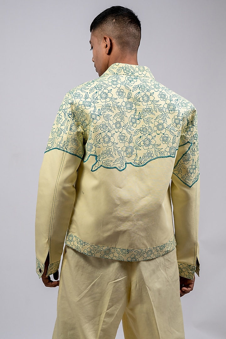 Pastel Yellow Linen Printed & Embroidered Jacket by CHANDRESH NATHANI at Pernia's Pop Up Shop