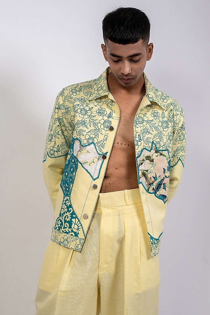 Pastel Yellow Linen Printed & Embroidered Jacket by CHANDRESH NATHANI at Pernia's Pop Up Shop