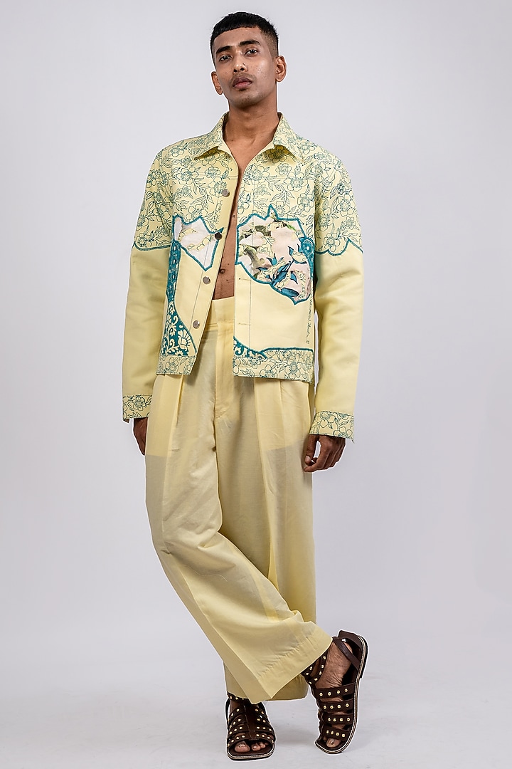 Pastel Yellow Linen Printed & Embroidered Jacket by CHANDRESH NATHANI at Pernia's Pop Up Shop