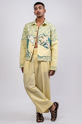 Pastel Yellow Linen Printed & Embroidered Co-Ord Set by CHANDRESH NATHANI