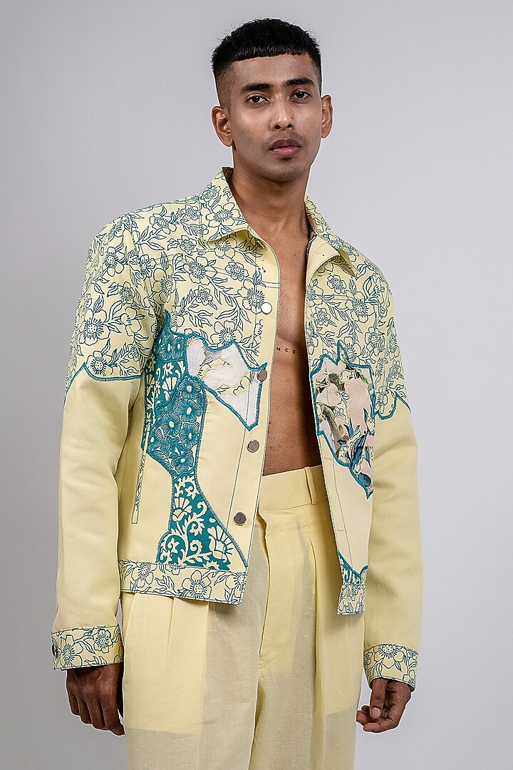 Pastel Yellow Linen Printed & Embroidered Co-Ord Set by CHANDRESH NATHANI at Pernia's Pop Up Shop