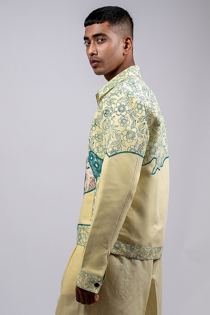 Pastel Yellow Linen Printed & Embroidered Co-Ord Set by CHANDRESH NATHANI at Pernia's Pop Up Shop