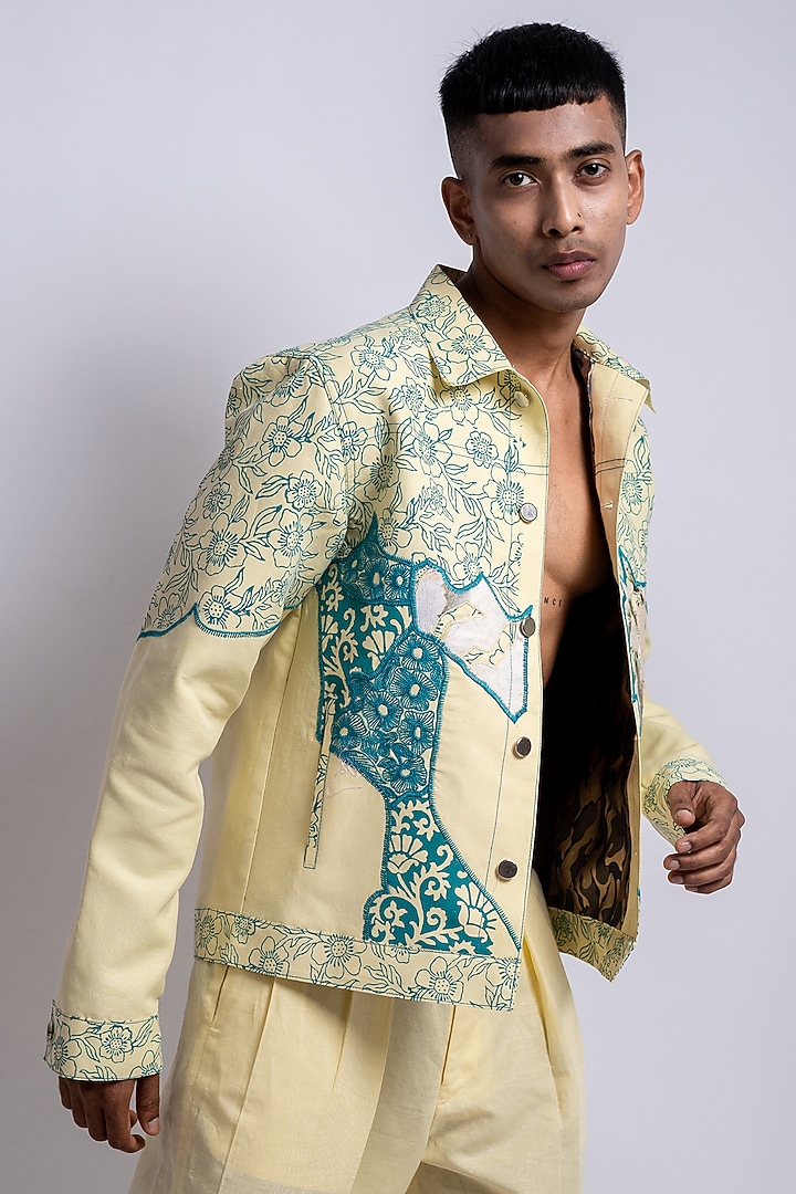 Pastel Yellow Linen Printed & Embroidered Co-Ord Set by CHANDRESH NATHANI at Pernia's Pop Up Shop