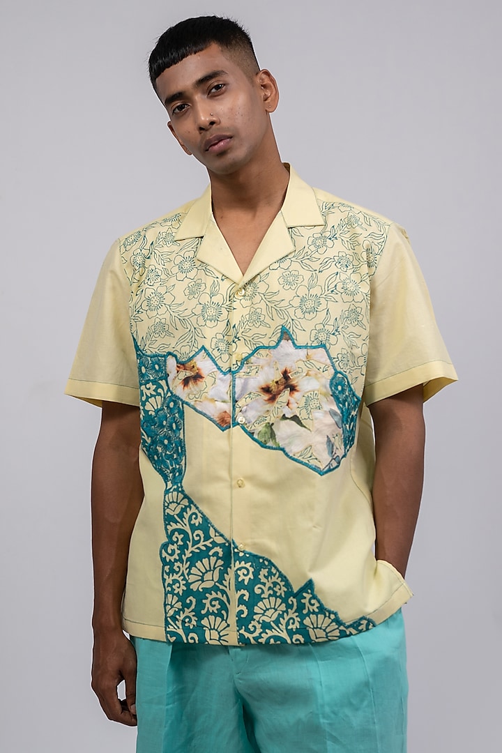 Pastel Yellow Linen Printed & Embroidered Shirt by CHANDRESH NATHANI