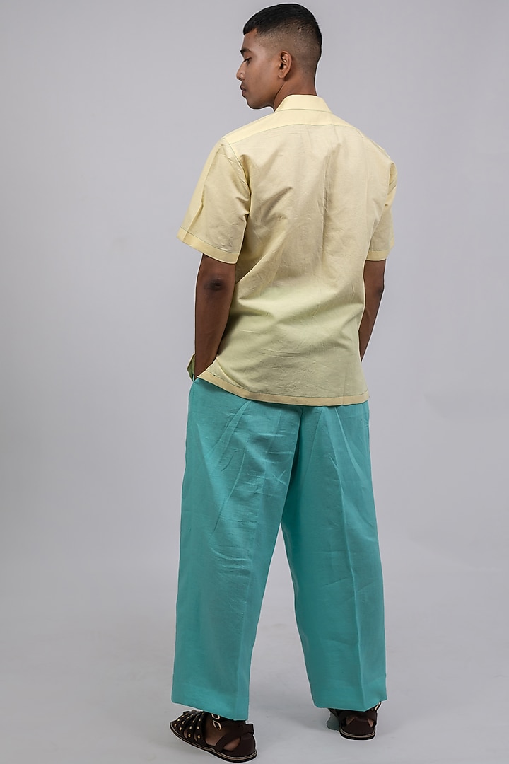 Pastel Yellow Linen Printed & Embroidered Wedding Shirt by CHANDRESH NATHANI at Pernia's Pop Up Shop