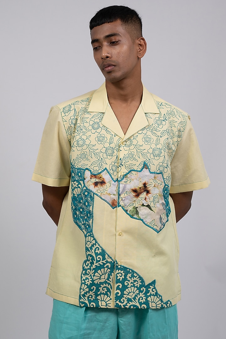 Pastel Yellow Linen Printed & Embroidered Wedding Shirt by CHANDRESH NATHANI at Pernia's Pop Up Shop