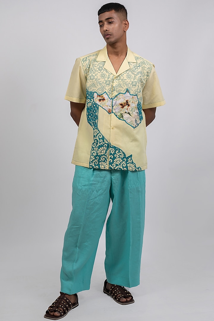 Pastel Yellow Linen Printed & Embroidered Wedding Shirt by CHANDRESH NATHANI at Pernia's Pop Up Shop