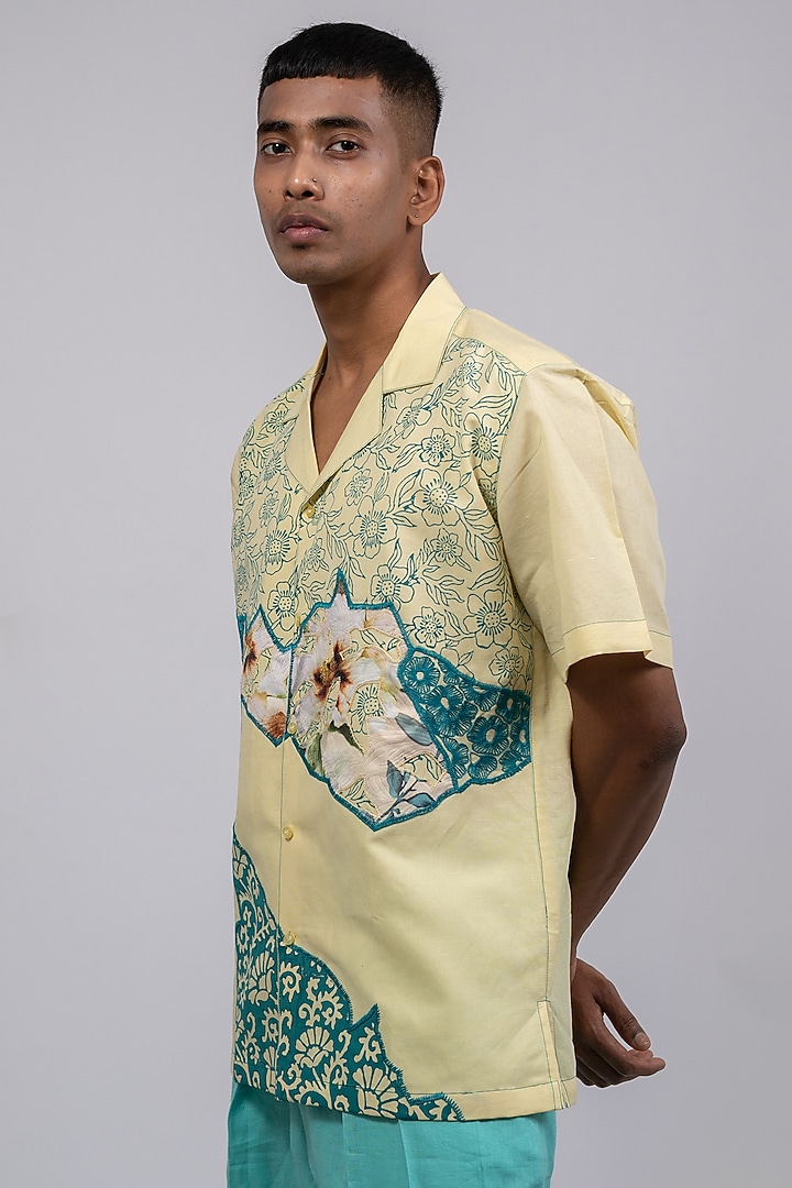 Pastel Yellow Linen Printed & Embroidered Wedding Shirt by CHANDRESH NATHANI at Pernia's Pop Up Shop