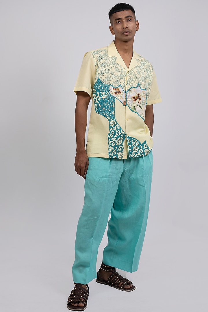 Pastel Yellow Linen Printed & Embroidered Wedding Shirt by CHANDRESH NATHANI at Pernia's Pop Up Shop