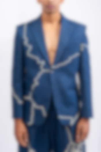 Blue Khadi Denim Printed & Embroidered Jacket by CHANDRESH NATHANI