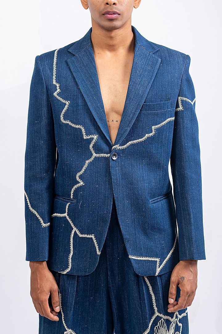 Blue Khadi Denim Printed & Embroidered Jacket by CHANDRESH NATHANI