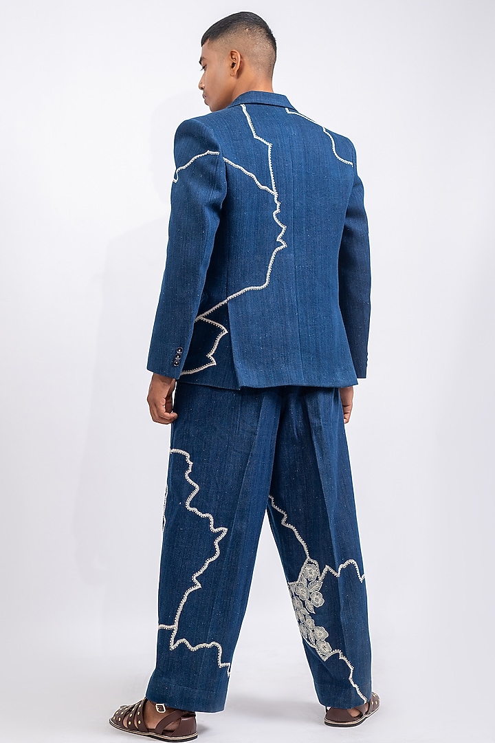 Blue Khadi Denim Printed & Embroidered Jacket by CHANDRESH NATHANI at Pernia's Pop Up Shop