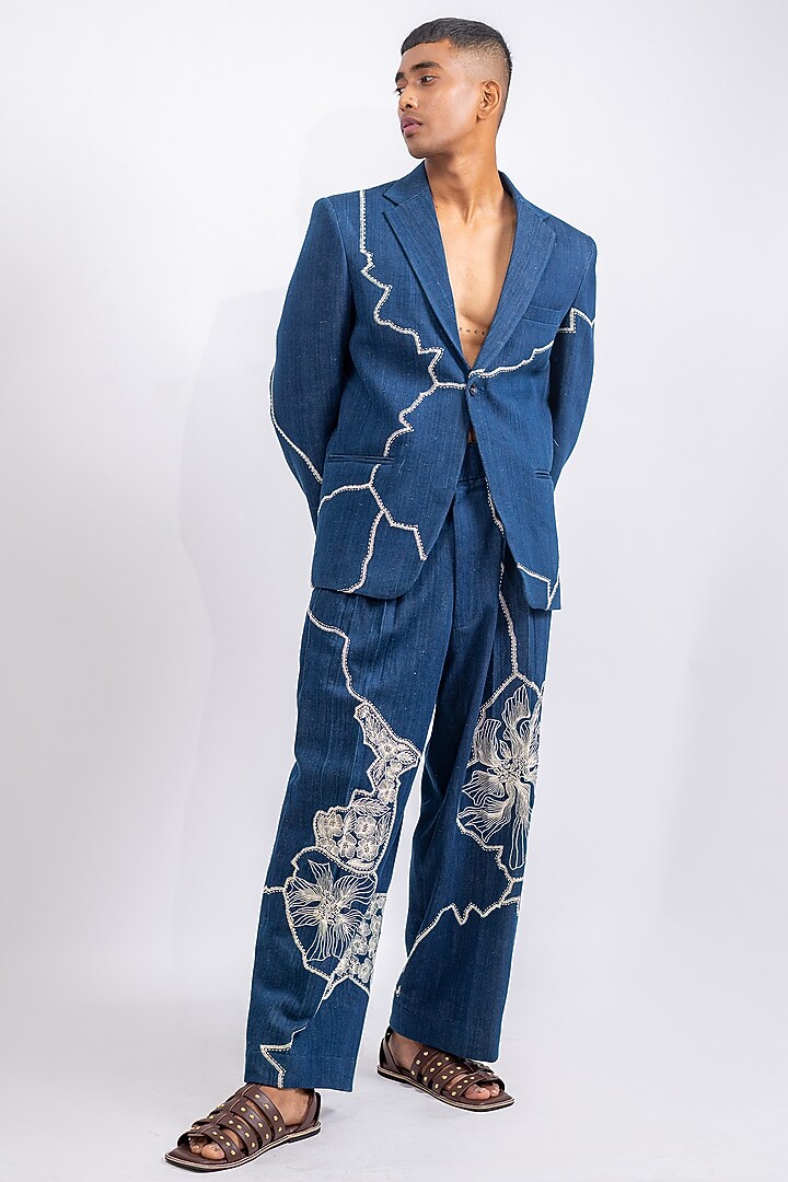 Blue Khadi Denim Printed & Embroidered Jacket by CHANDRESH NATHANI at Pernia's Pop Up Shop