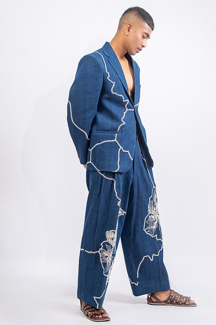 Blue Khadi Denim Printed & Embroidered Jacket by CHANDRESH NATHANI at Pernia's Pop Up Shop