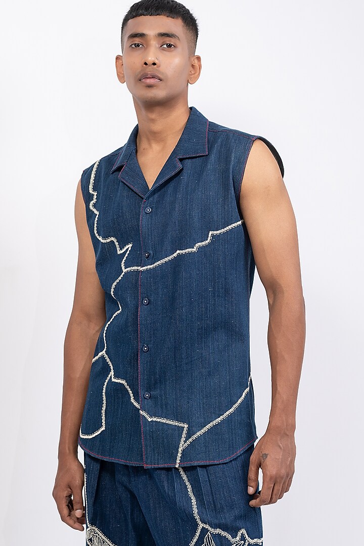 Blue Khadi Denim Printed & Embroidered Shirt by CHANDRESH NATHANI