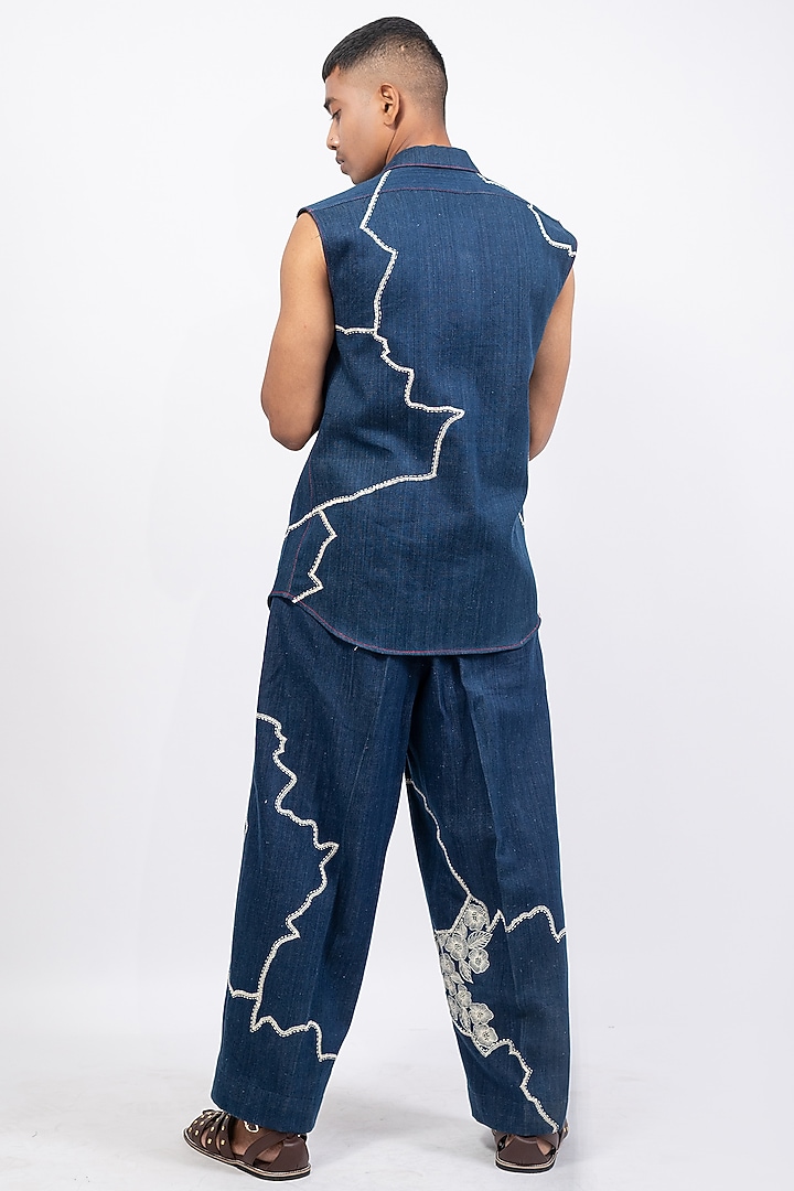 Blue Khadi Denim Printed & Embroidered Party Wear Shirt by CHANDRESH NATHANI at Pernia's Pop Up Shop