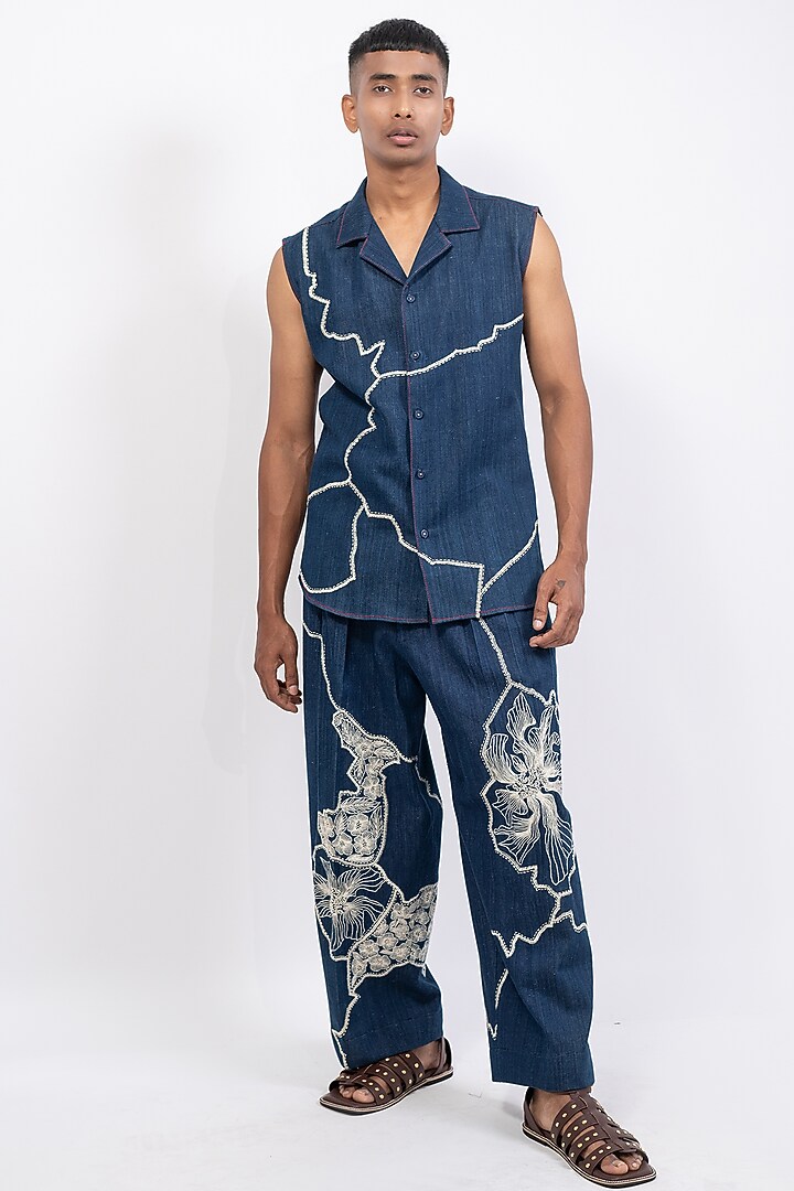 Blue Khadi Denim Printed & Embroidered Party Wear Shirt by CHANDRESH NATHANI at Pernia's Pop Up Shop