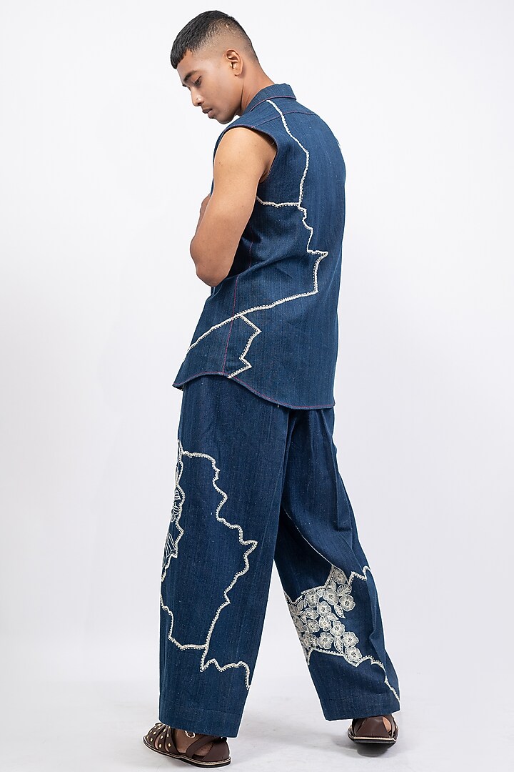 Blue Khadi Denim Printed & Embroidered Party Wear Shirt by CHANDRESH NATHANI at Pernia's Pop Up Shop