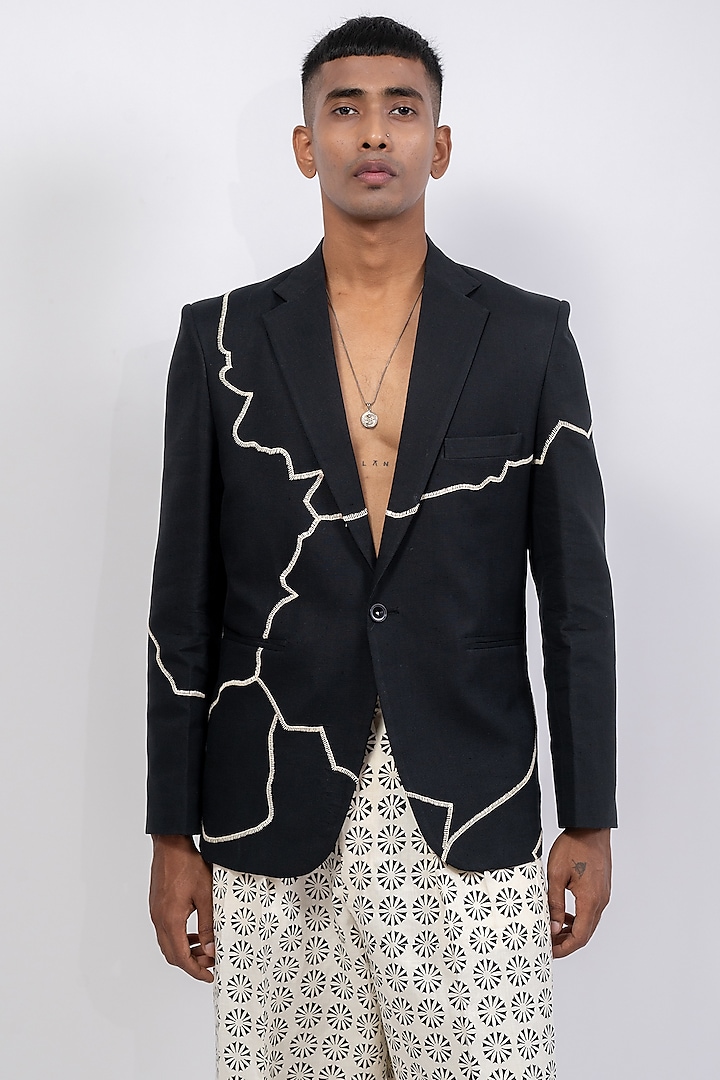 Black Linen Printed & Embroidered Jacket by CHANDRESH NATHANI