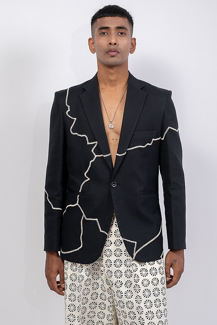 Black Linen Printed & Embroidered Co-Ord Set by CHANDRESH NATHANI at Pernia's Pop Up Shop