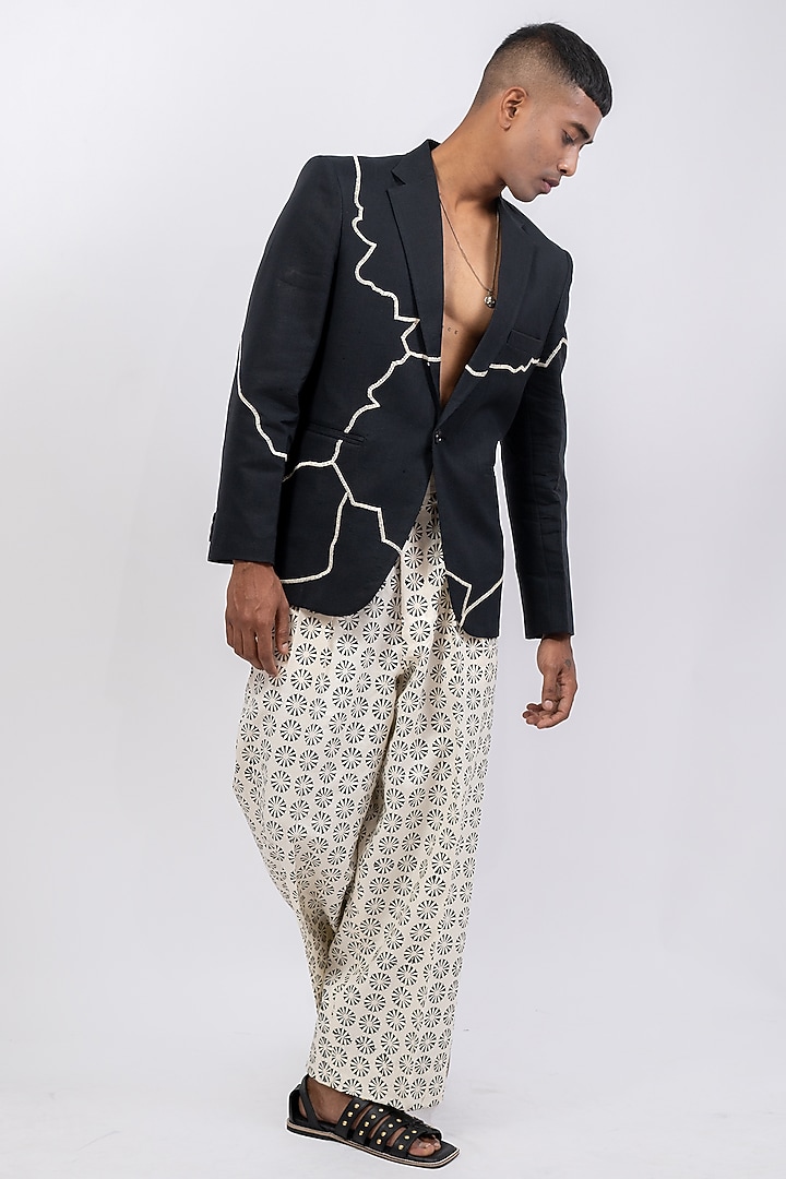 Black Linen Printed & Embroidered Co-Ord Set by CHANDRESH NATHANI at Pernia's Pop Up Shop