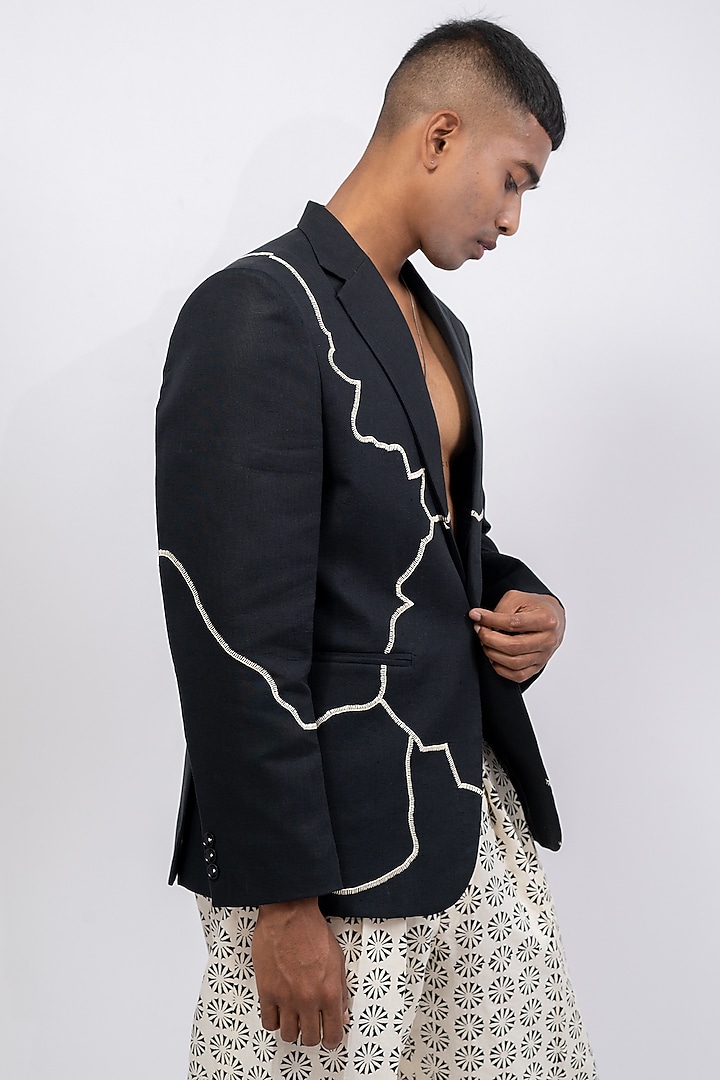 Black Linen Printed & Embroidered Co-Ord Set by CHANDRESH NATHANI at Pernia's Pop Up Shop