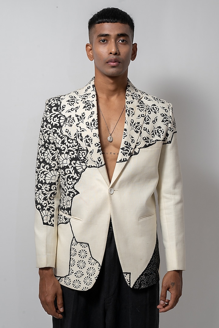Ivory Linen Printed & Embroidered Jacket by CHANDRESH NATHANI