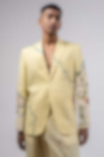 Yellow Linen Printed & Embroidered Jacket by CHANDRESH NATHANI