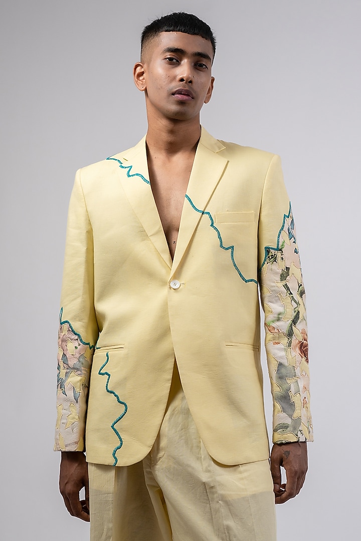 Yellow Linen Printed & Embroidered Jacket by CHANDRESH NATHANI