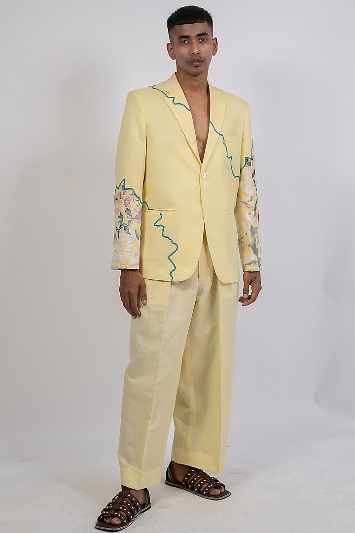 Yellow Linen Printed & Embroidered Jacket by CHANDRESH NATHANI at Pernia's Pop Up Shop