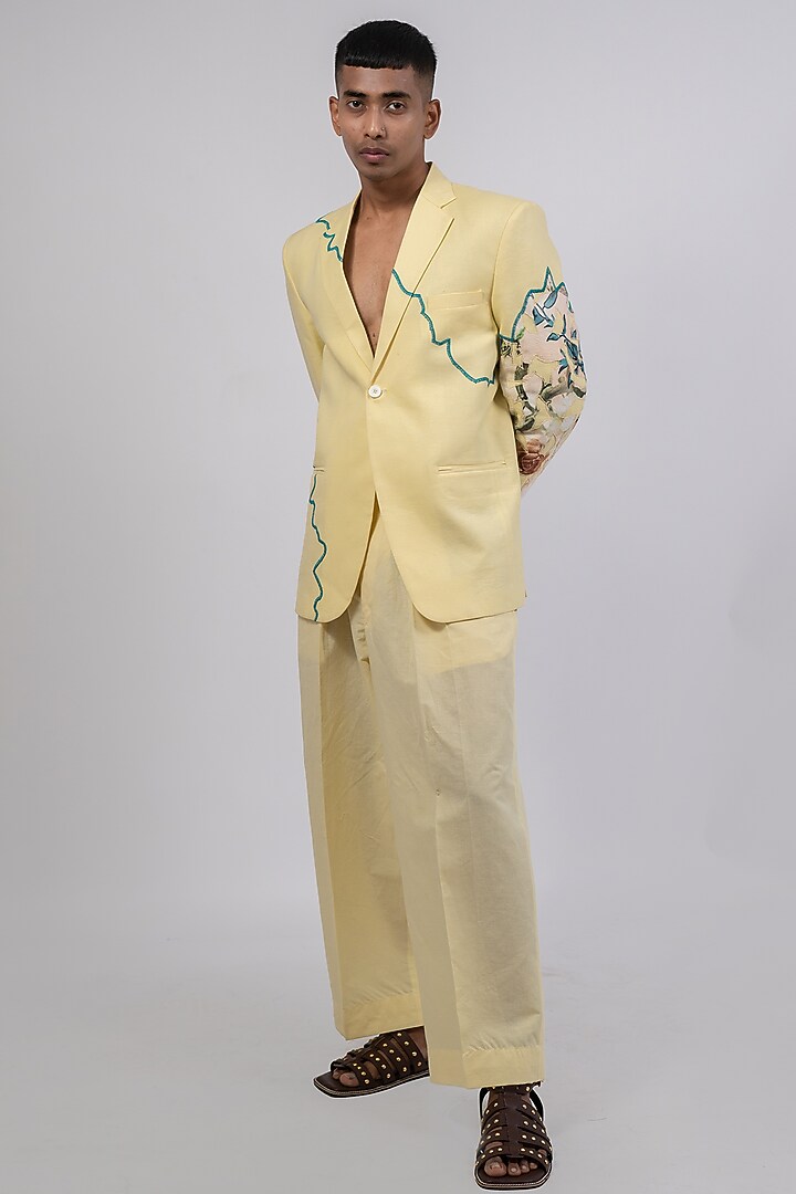 Yellow Linen Printed & Embroidered Co-Ord Set by CHANDRESH NATHANI at Pernia's Pop Up Shop