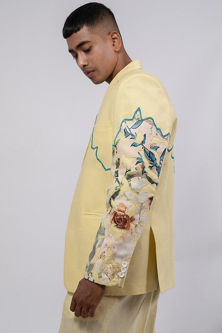 Yellow Linen Printed & Embroidered Co-Ord Set by CHANDRESH NATHANI at Pernia's Pop Up Shop