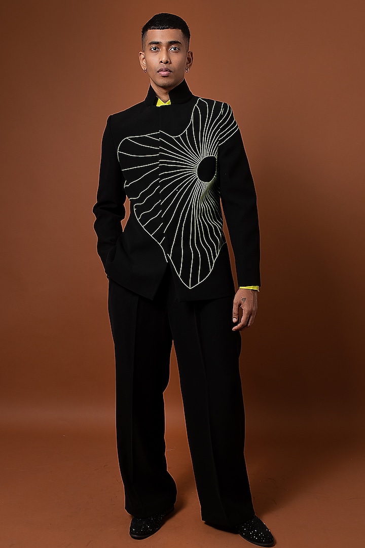 Black Polyester Abstract Machine Embroidered Bandhgala Set by CHANDRESH NATHANI at Pernia's Pop Up Shop